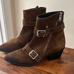 All Saints Lior Ankle Boots Brown Chocolate Suede Edgy Silver Buckle Size 7.5 38